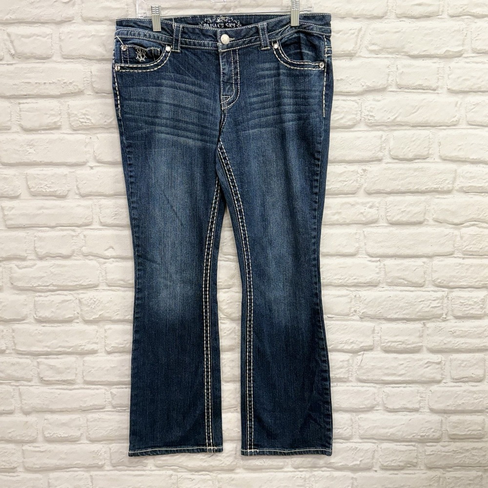 Paisley Sky Womans Sz 12 Flare Leg Blue Jeans  Med Wash Mid Rise Stretch Bling